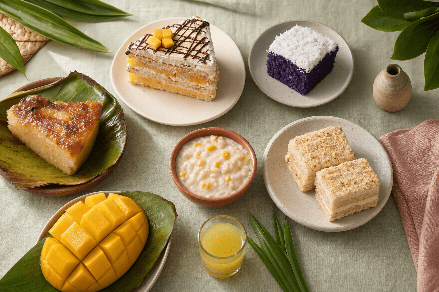 A top-down Filipino dessert spread with Mango Bravo, ube cake, bibingka and maja blanca